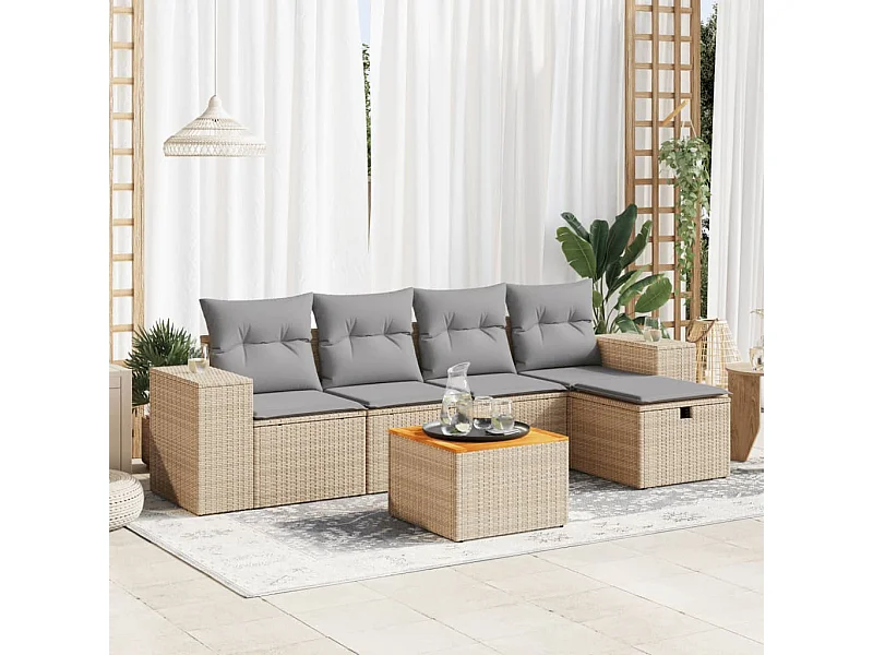 6-delige Loungeset met kussens poly rattan beige