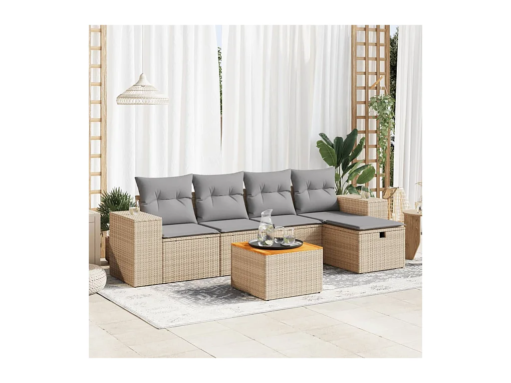 6-delige Loungeset met kussens poly rattan beige
