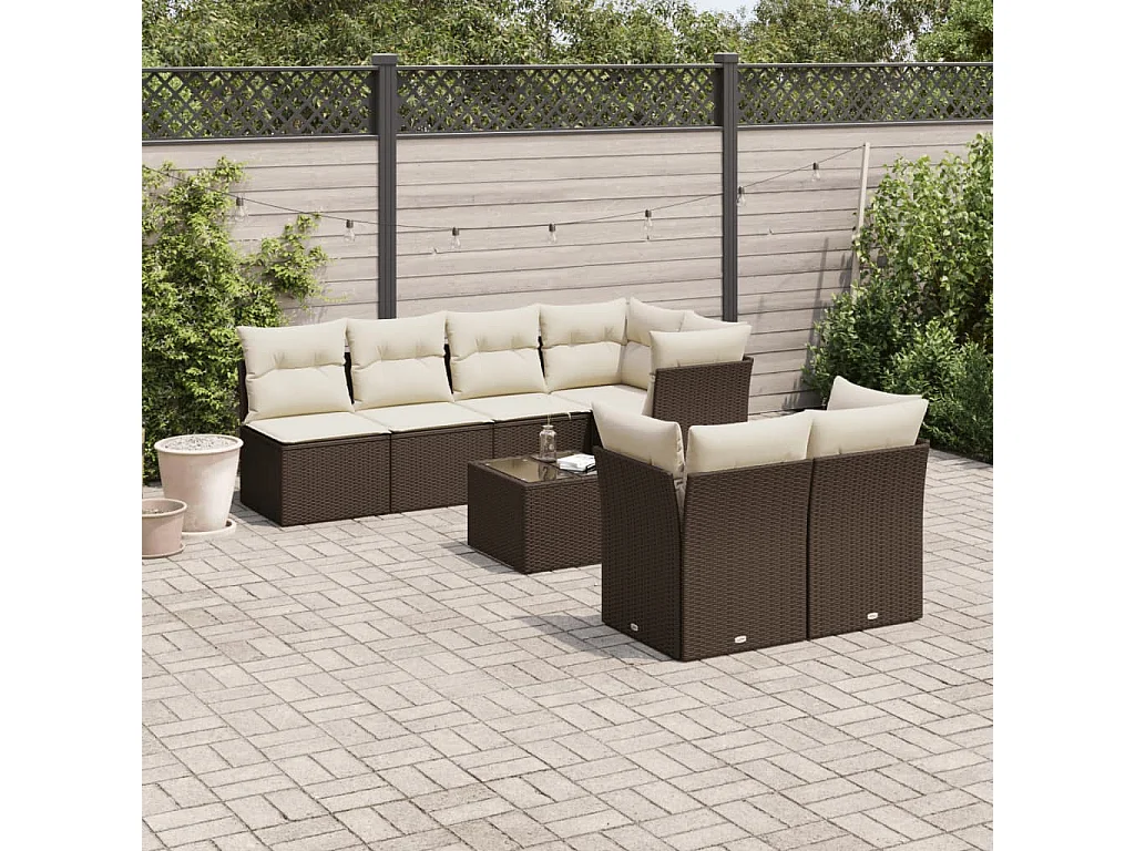 8-delige Loungeset met kussens poly rattan bruin