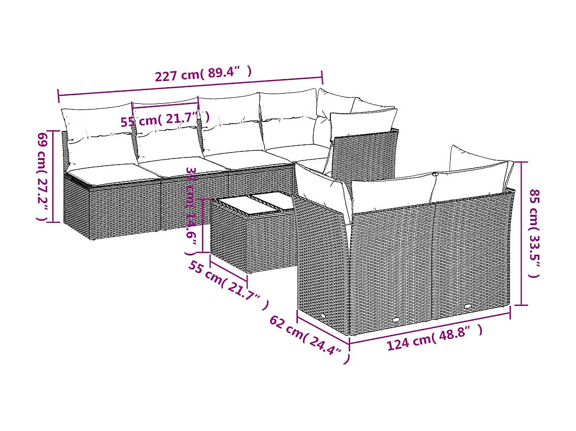 8-delige Loungeset met kussens poly rattan bruin