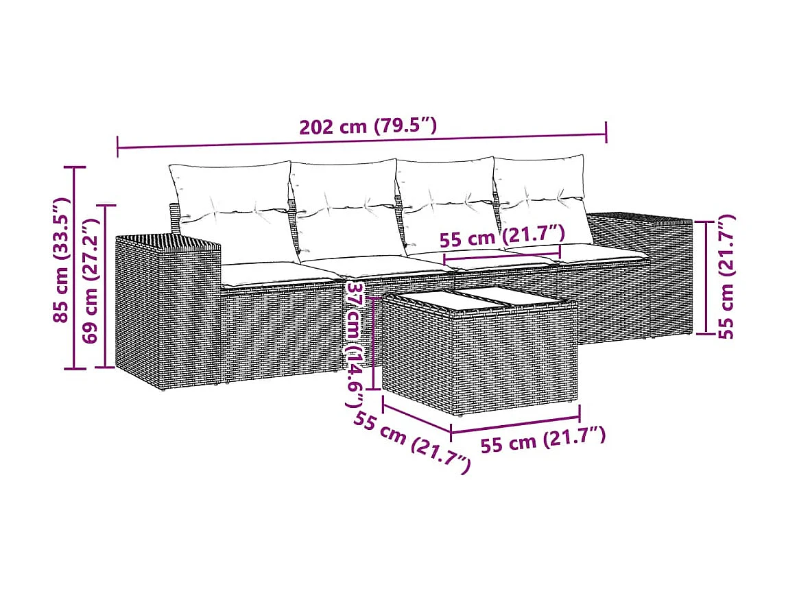 5 peças conj. sofás jardim com almofadões vime PE cinzento-claro