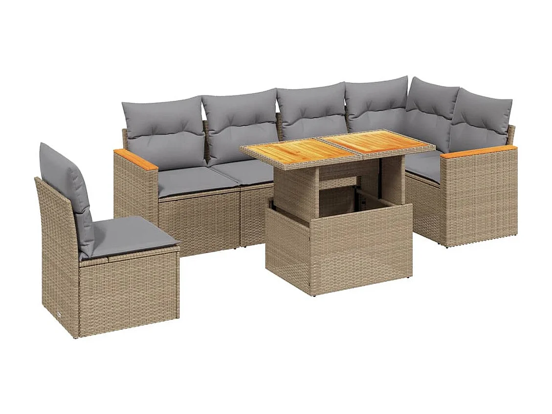 7-delige Loungeset met kussens poly rattan beige