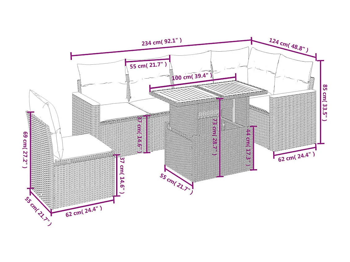 7-delige Loungeset met kussens poly rattan beige