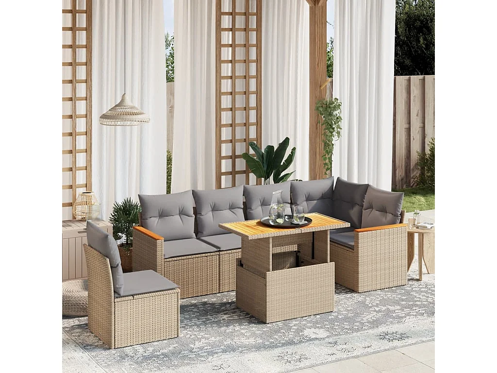 Salon de jardin avec coussins 7 pièces beige résine tressée