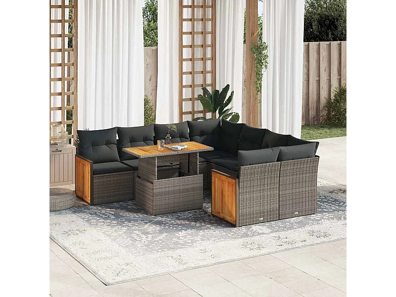 Salon de jardin avec coussins 9 pièces gris résine tressée acacia