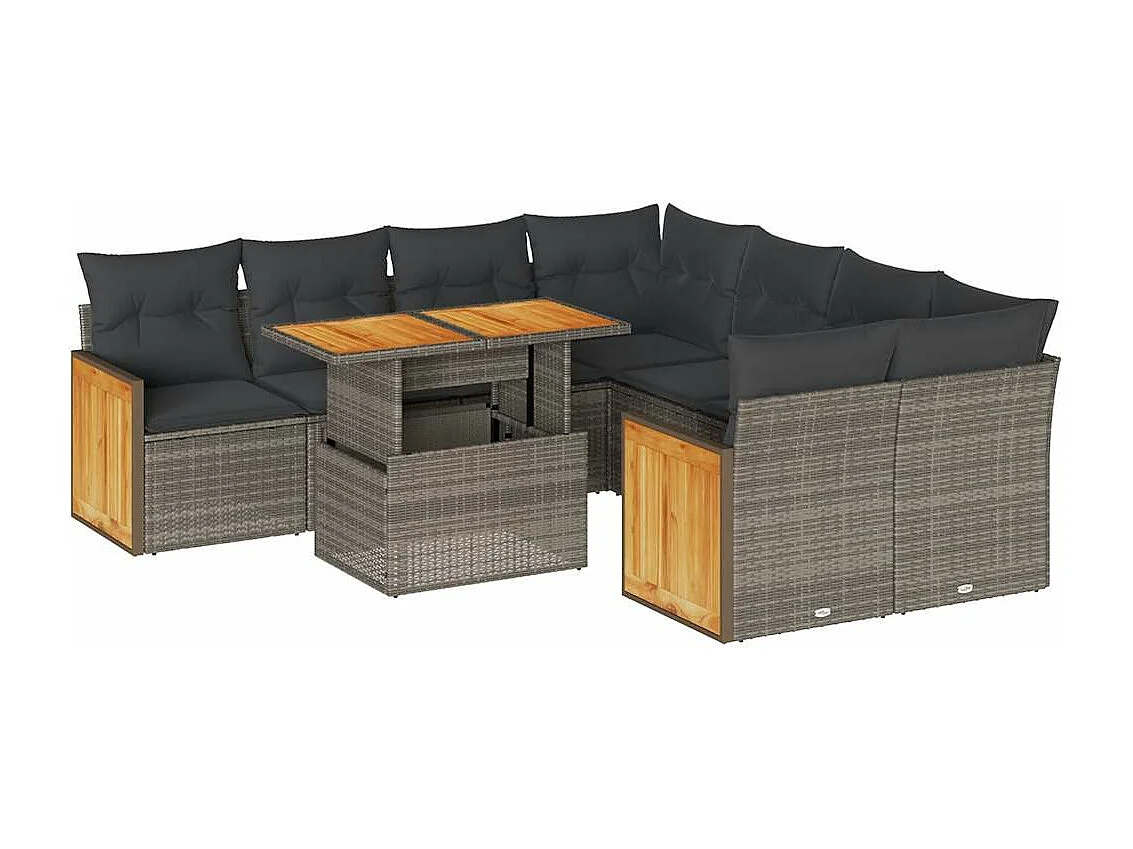 Salon de jardin avec coussins 9 pièces gris résine tressée acacia