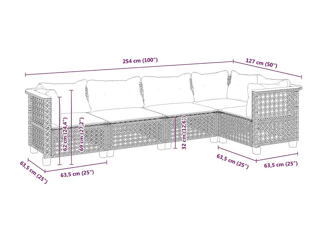 5-delige Loungeset met kussens poly rattan grijs