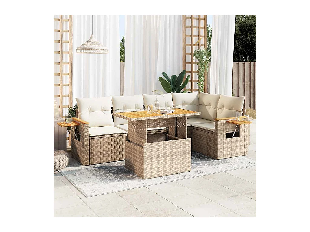 Salon de jardin avec coussins 5 pièces beige résine tressée acacia