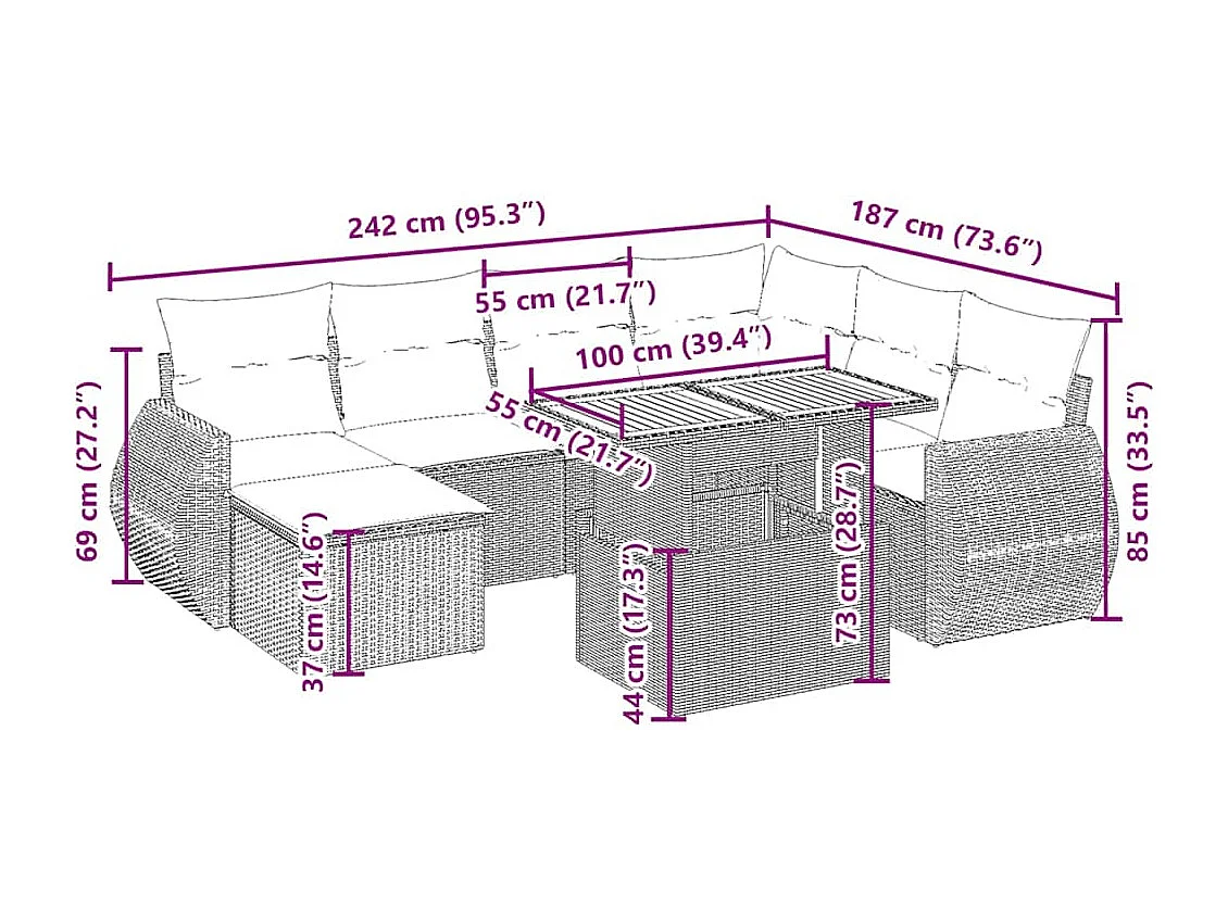 8-delige Loungeset met kussens poly rattan beige