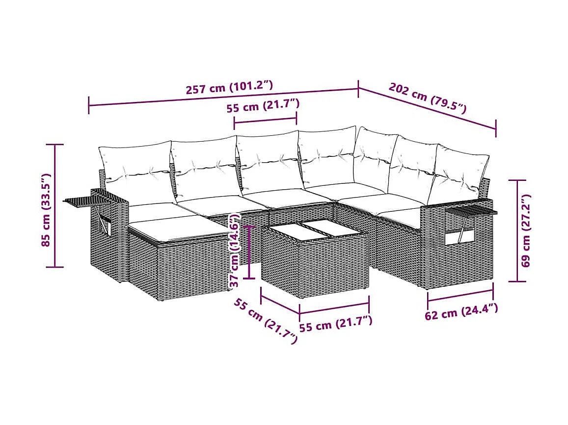 8 peças conj. sofás jardim com almofadões vime PE cinzento-claro