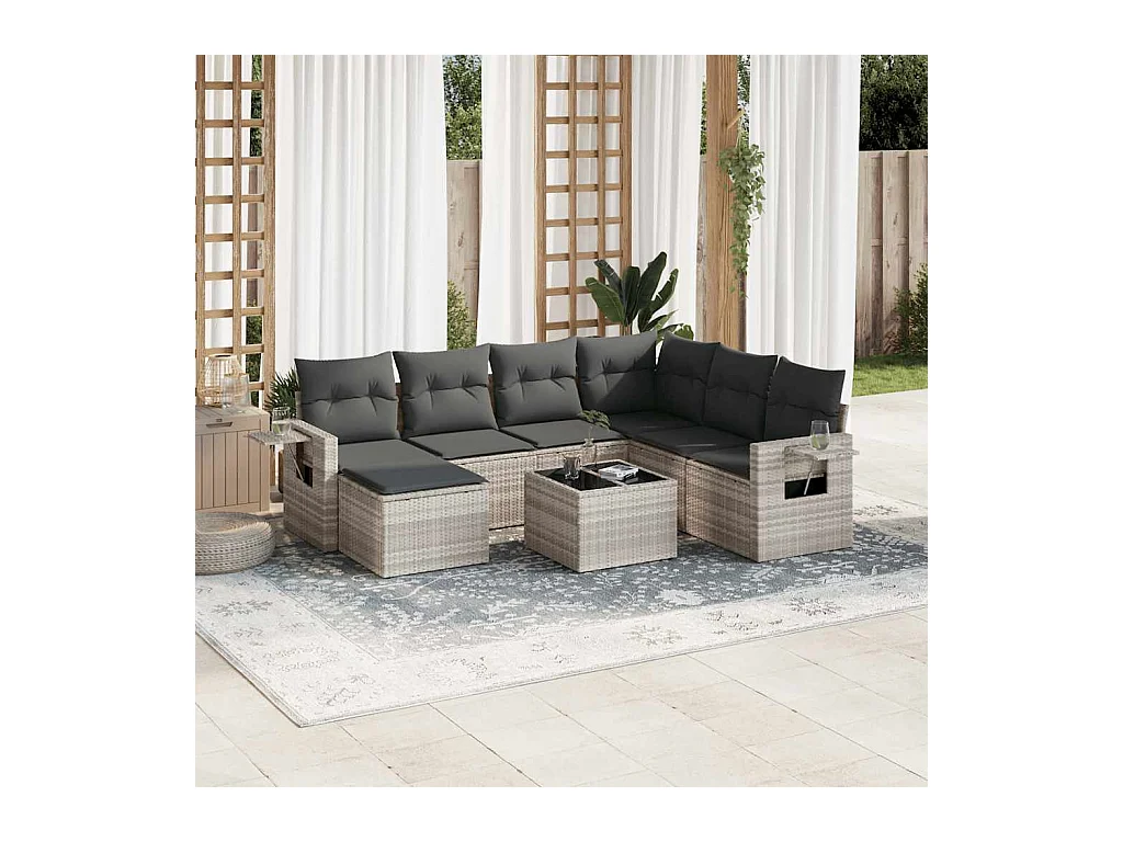 8-delige Loungeset met kussens poly rattan lichtgrijs