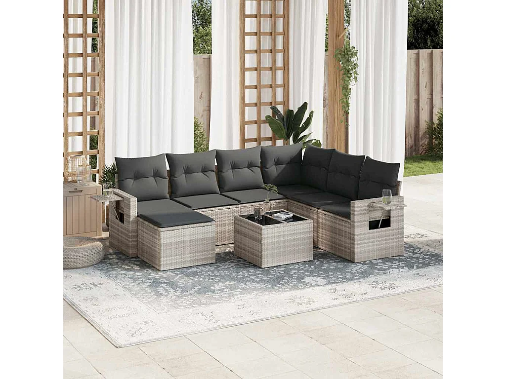 Salon de jardin 8 pièces avec coussins gris clair résine tressée