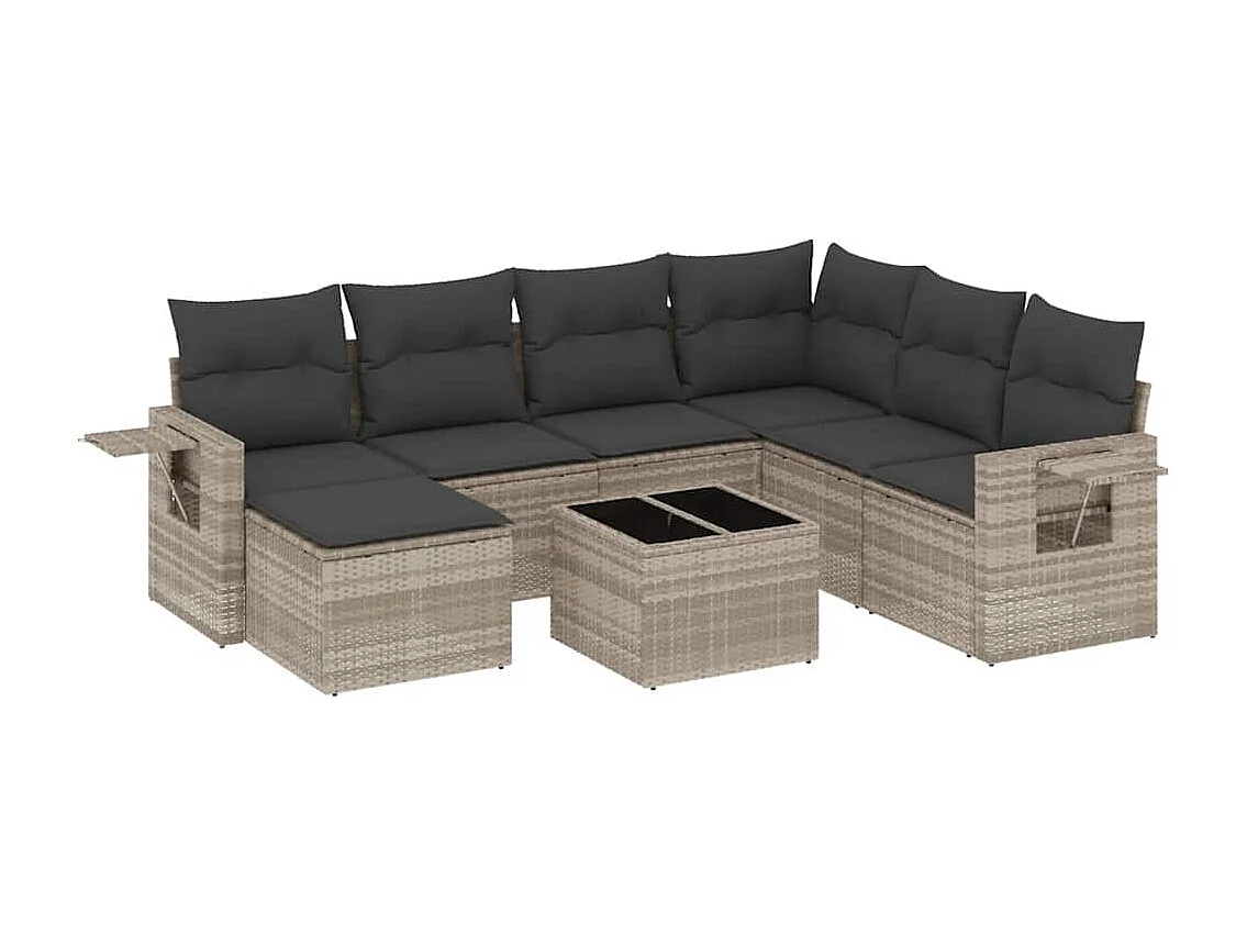 Salon de jardin 8 pièces avec coussins gris clair résine tressée