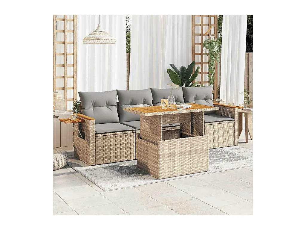 5-delige Loungeset met kussens poly rattan en acaciahout beige