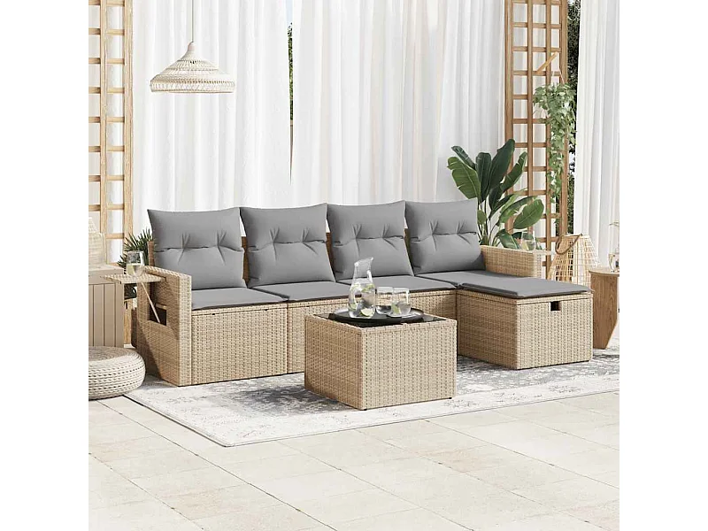 Salon de jardin avec coussins 6 pièces beige résine tressée