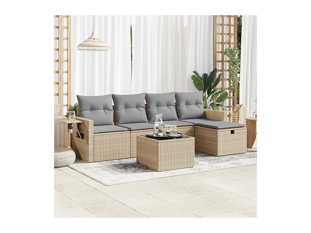 Salon de jardin avec coussins 6 pièces beige résine tressée