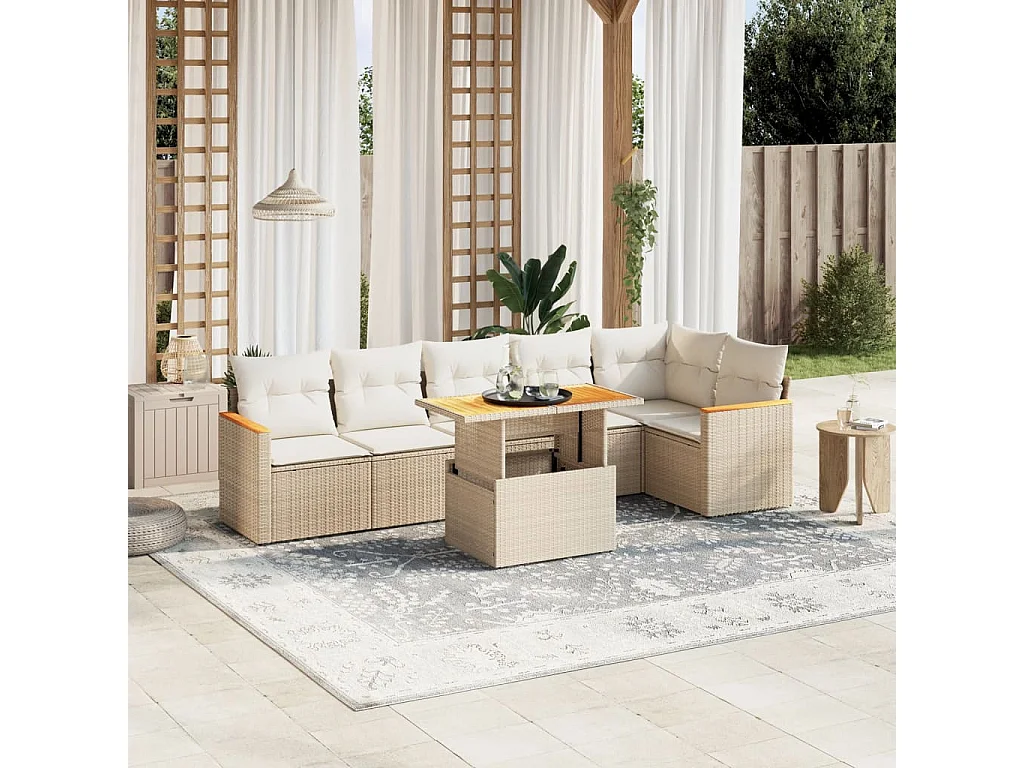 7-delige Loungeset met kussens poly rattan beige