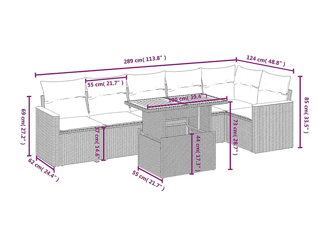 7-delige Loungeset met kussens poly rattan beige