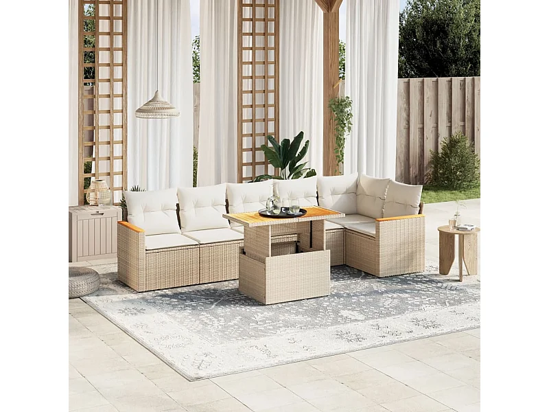 7-delige Loungeset met kussens poly rattan beige