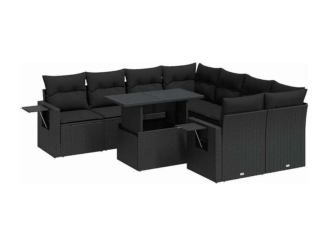 Salon de jardin 9 pièces avec coussins noir résine tressée