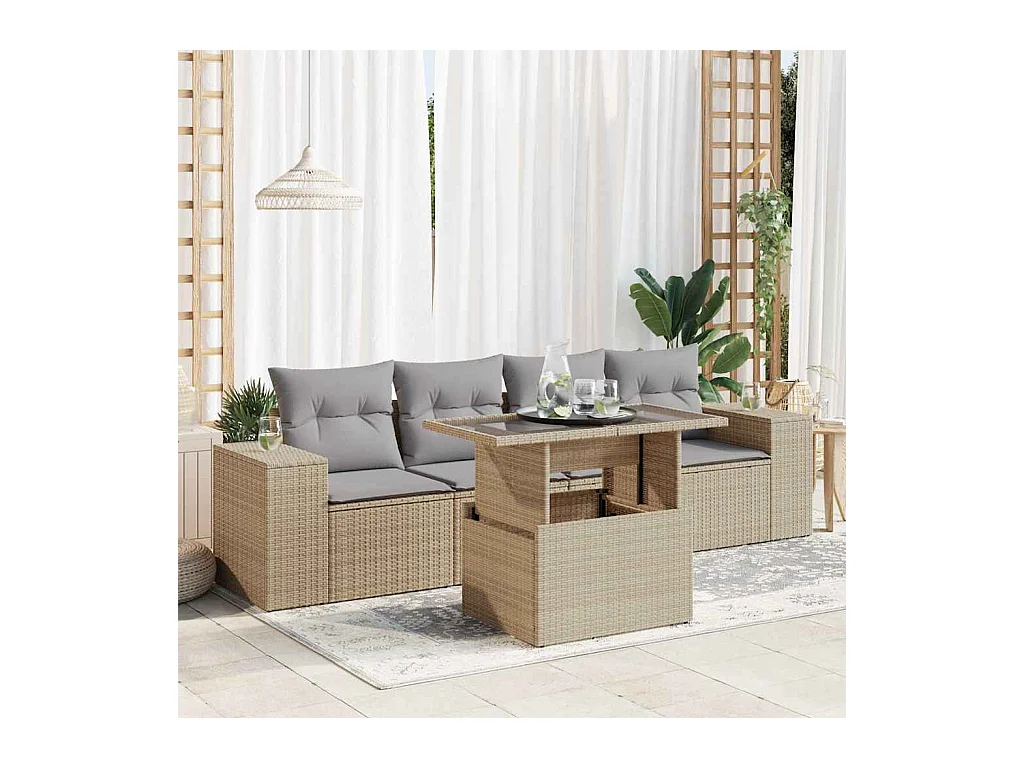 Salon de jardin avec coussins 5 pièces beige résine tressée