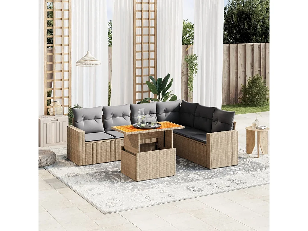Salon de jardin avec coussins 7 pièces beige résine tressée