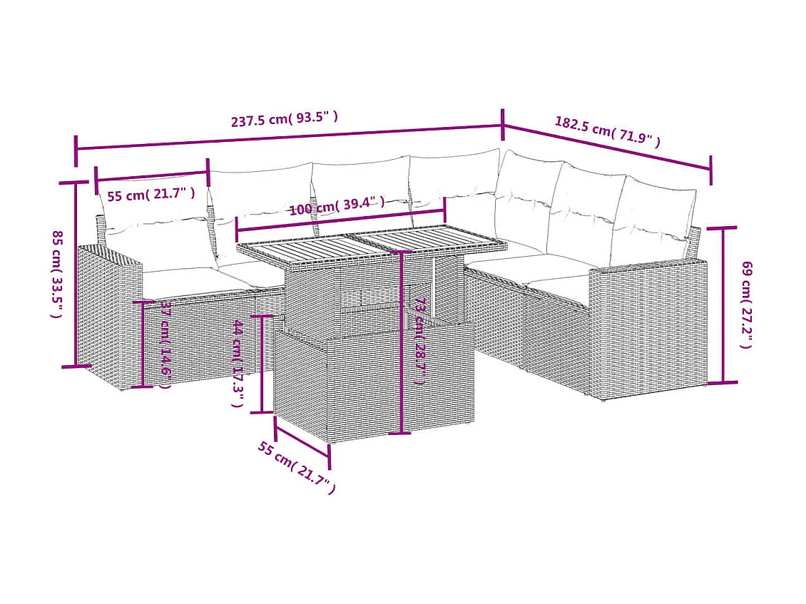 Salon de jardin avec coussins 7 pièces beige résine tressée