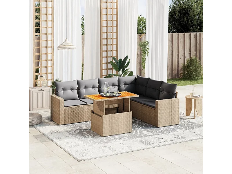 Salon de jardin avec coussins 7 pièces beige résine tressée