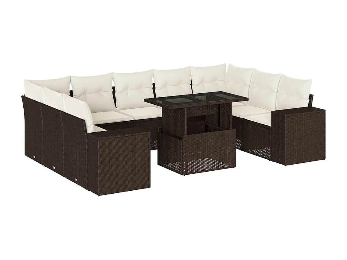 Salon de jardin 10 pièces avec coussins marron résine tressée