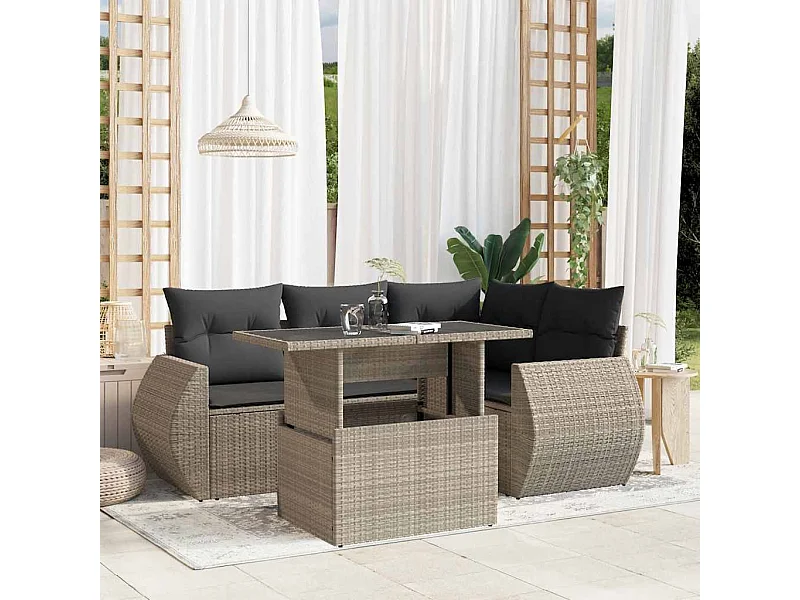 Salon de jardin 5 pièces avec coussins gris clair résine tressée