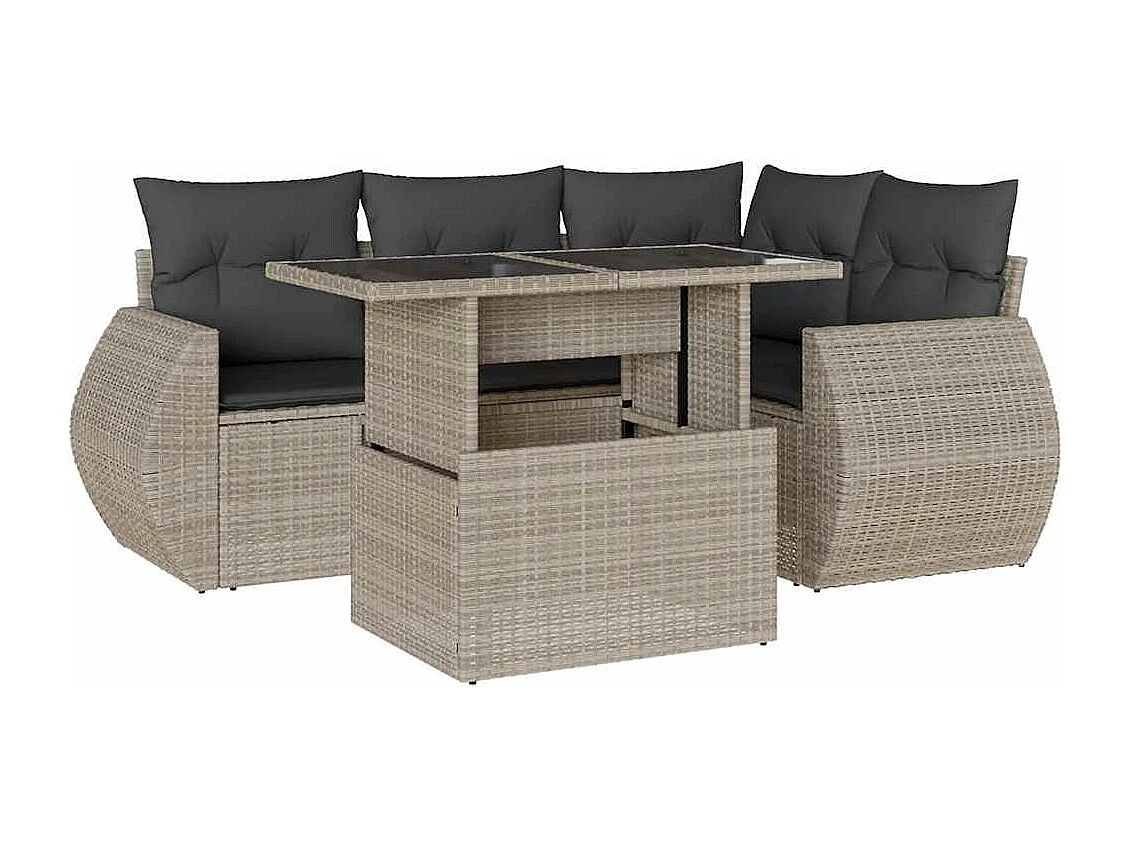 Salon de jardin 5 pièces avec coussins gris clair résine tressée