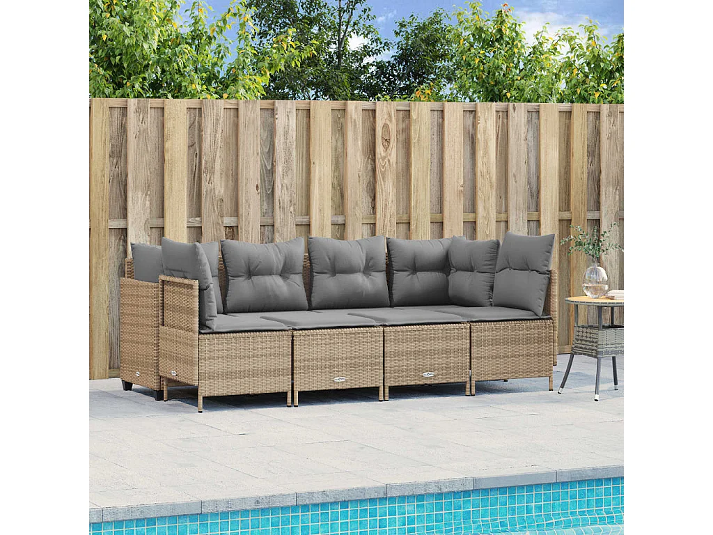 Salon de jardin avec coussins 5 pièces beige résine tressée