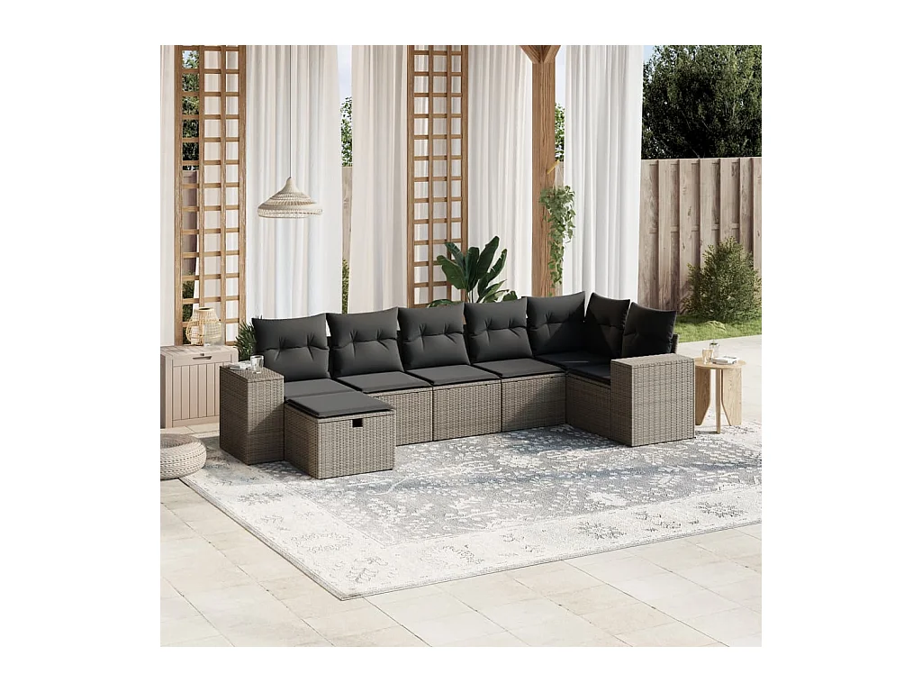 Set de sofás de jardín 7 piezas con cojines ratán PE gris claro