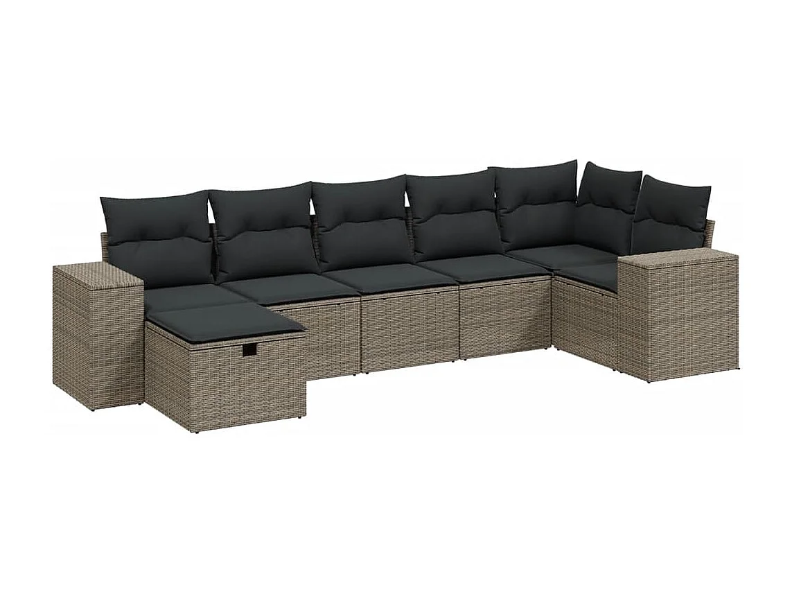 7 peças conj. sofás jardim com almofadões vime PE cinzento-claro