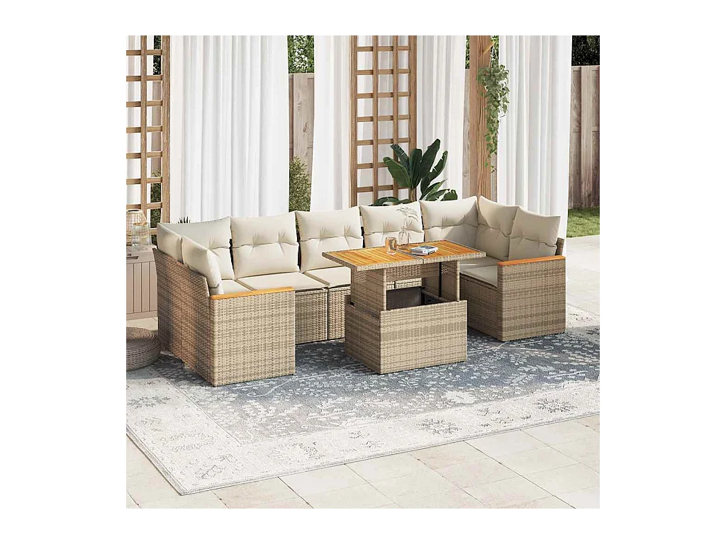Salon de jardin avec coussins 7 pièces beige résine tressée acacia