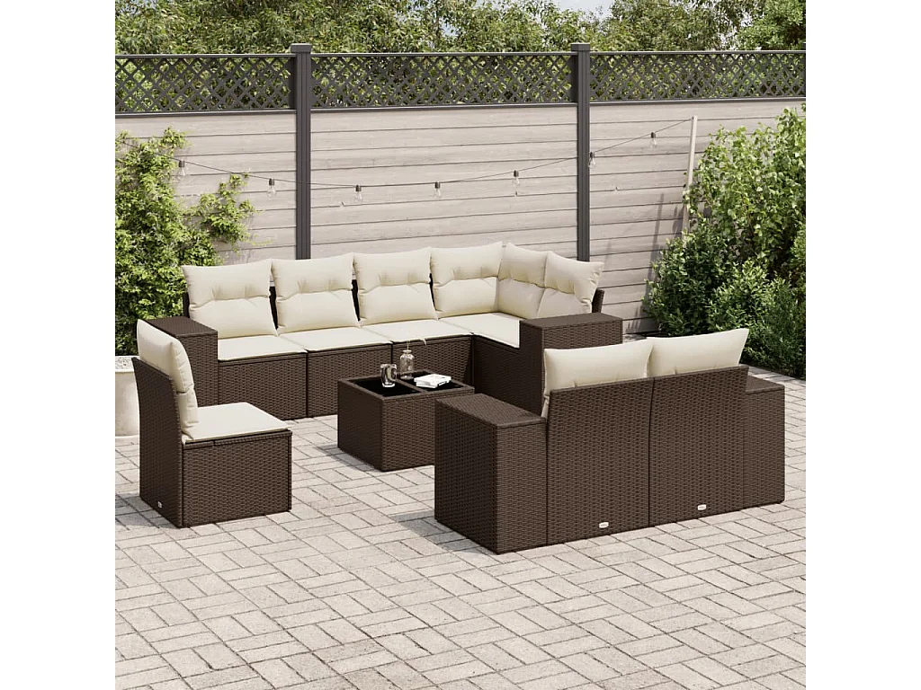 Set de sofás de jardín 9 piezas y cojines ratán sintético marrón