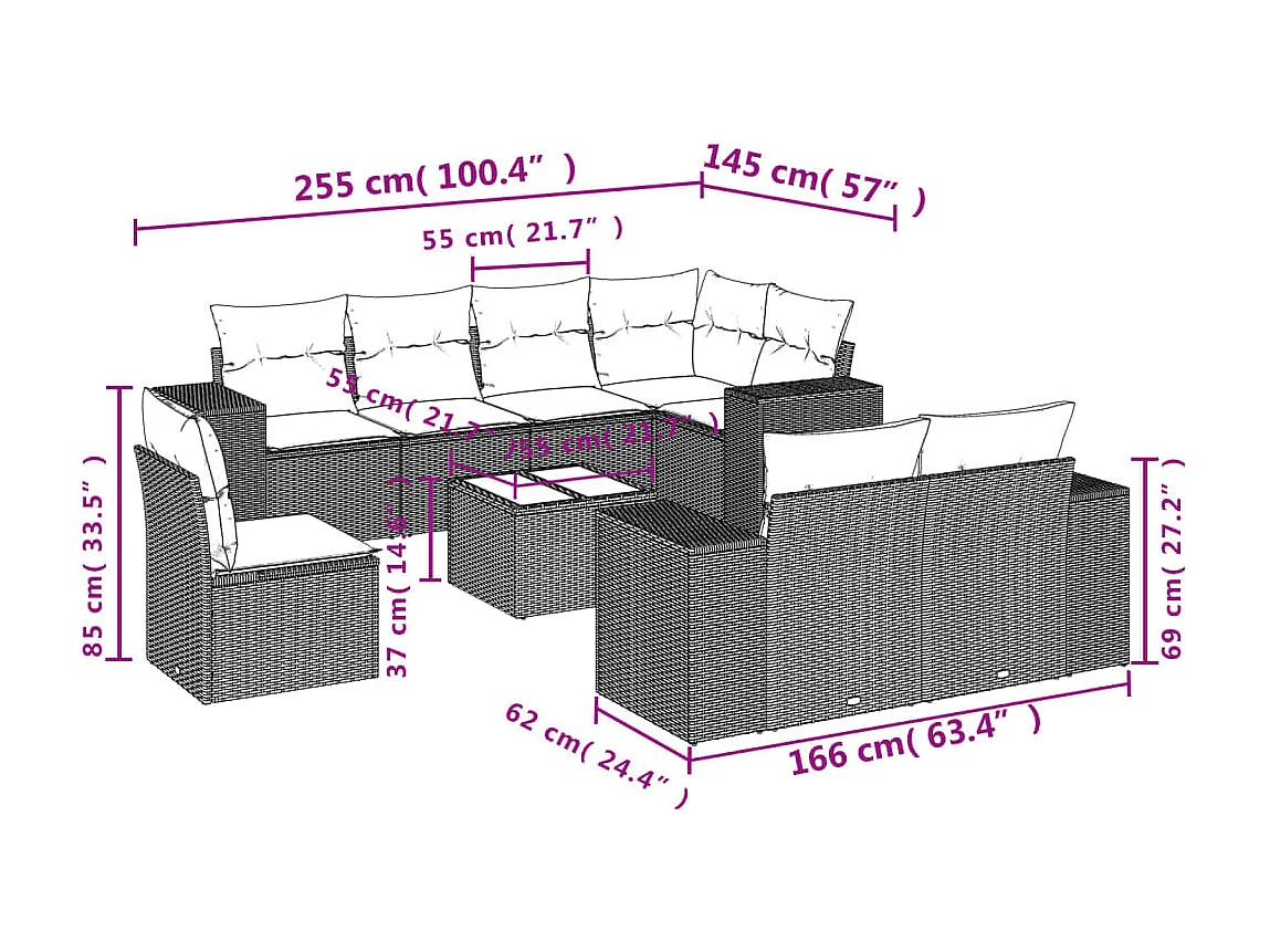 Set de sofás de jardín 9 piezas y cojines ratán sintético marrón