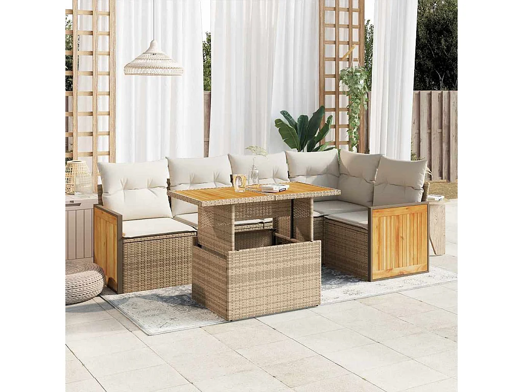 Salon de jardin 6 pièces avec coussins beige résine tressée acacia