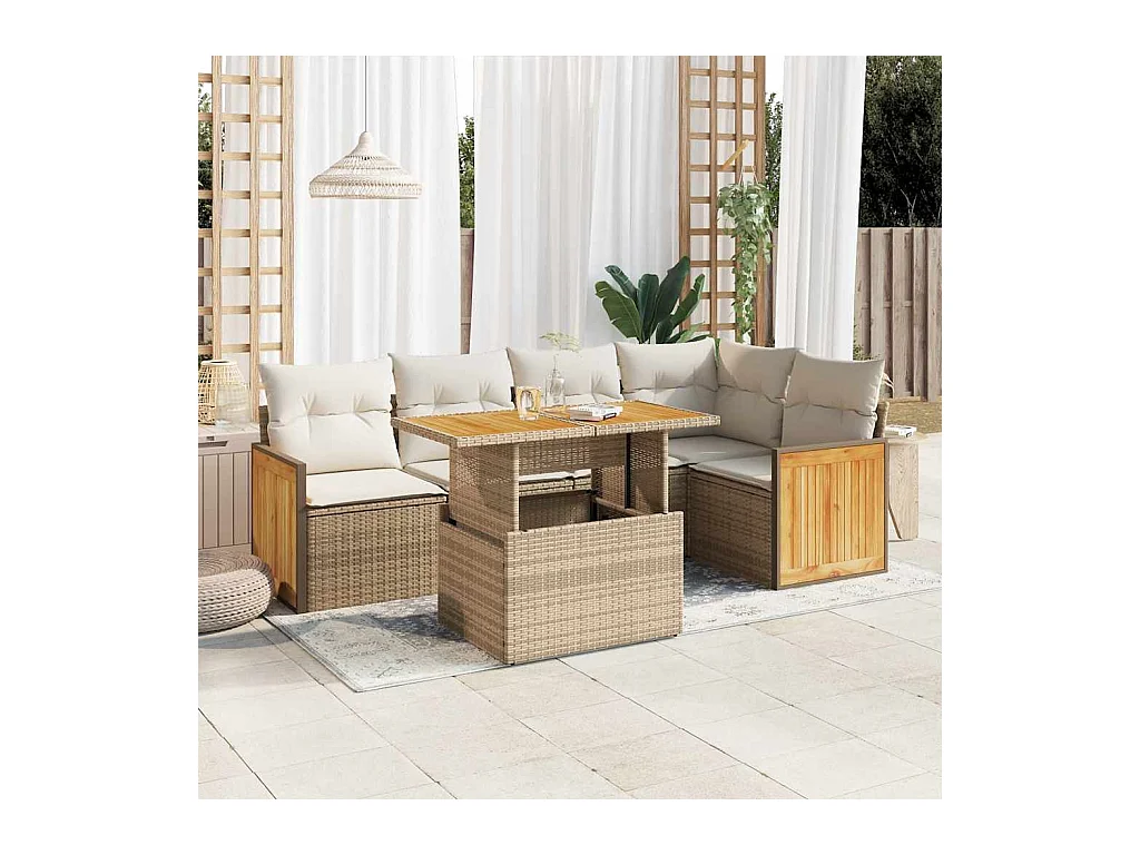 Salon de jardin 6 pièces avec coussins beige résine tressée acacia