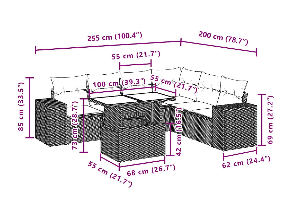 Salon de jardin avec coussins 7 pièces gris clair résine tressée