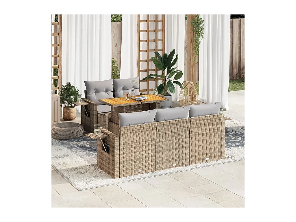 6-delige Loungeset met kussens poly rattan beige