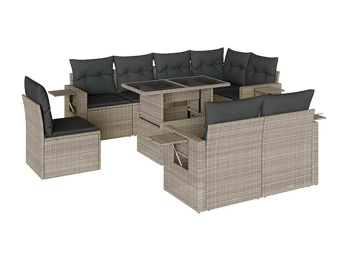 Set muebles jardín 9 piezas y cojines ratán sintético gris claro