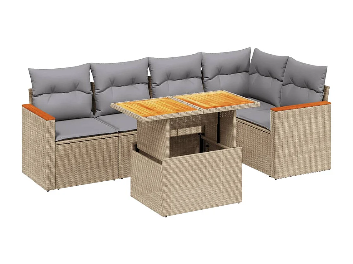 6-delige Loungeset met kussens poly rattan beige