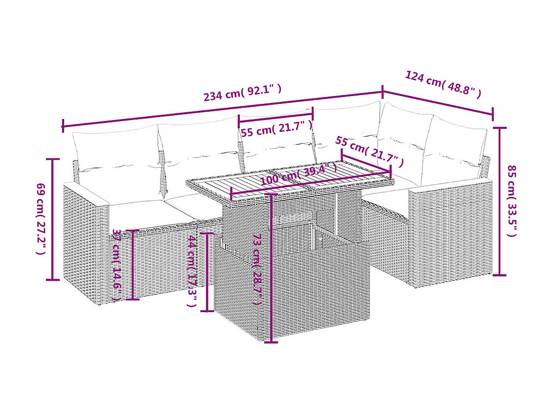 6-delige Loungeset met kussens poly rattan beige
