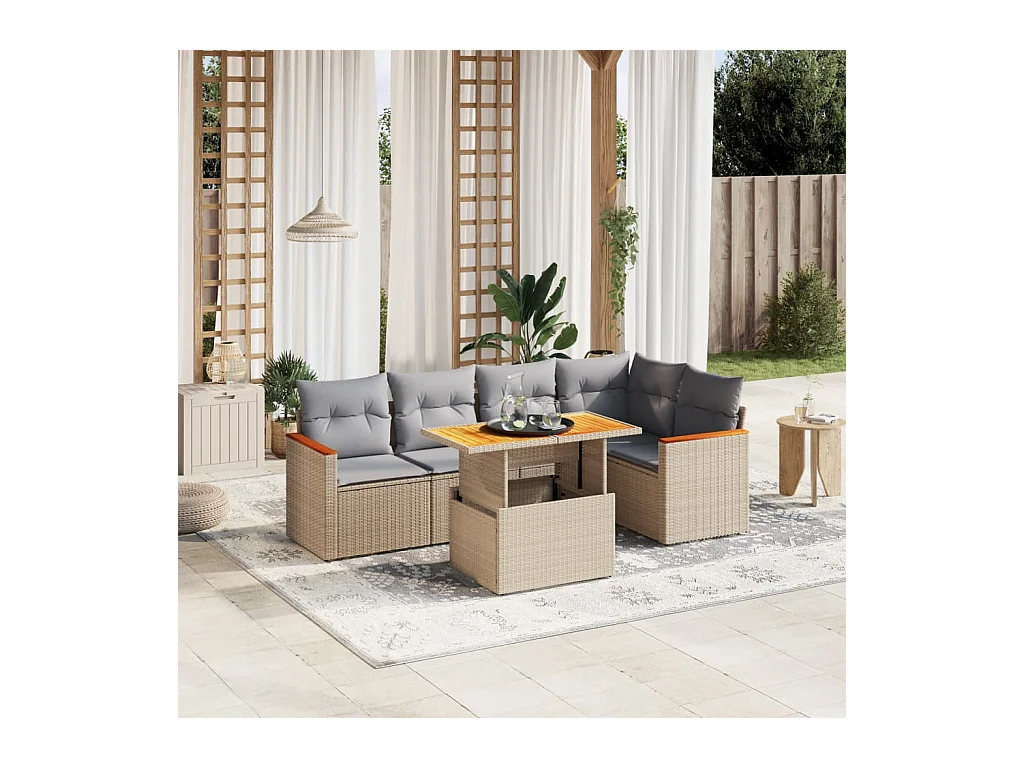 Salon de jardin avec coussins 6 pièces beige résine tressée