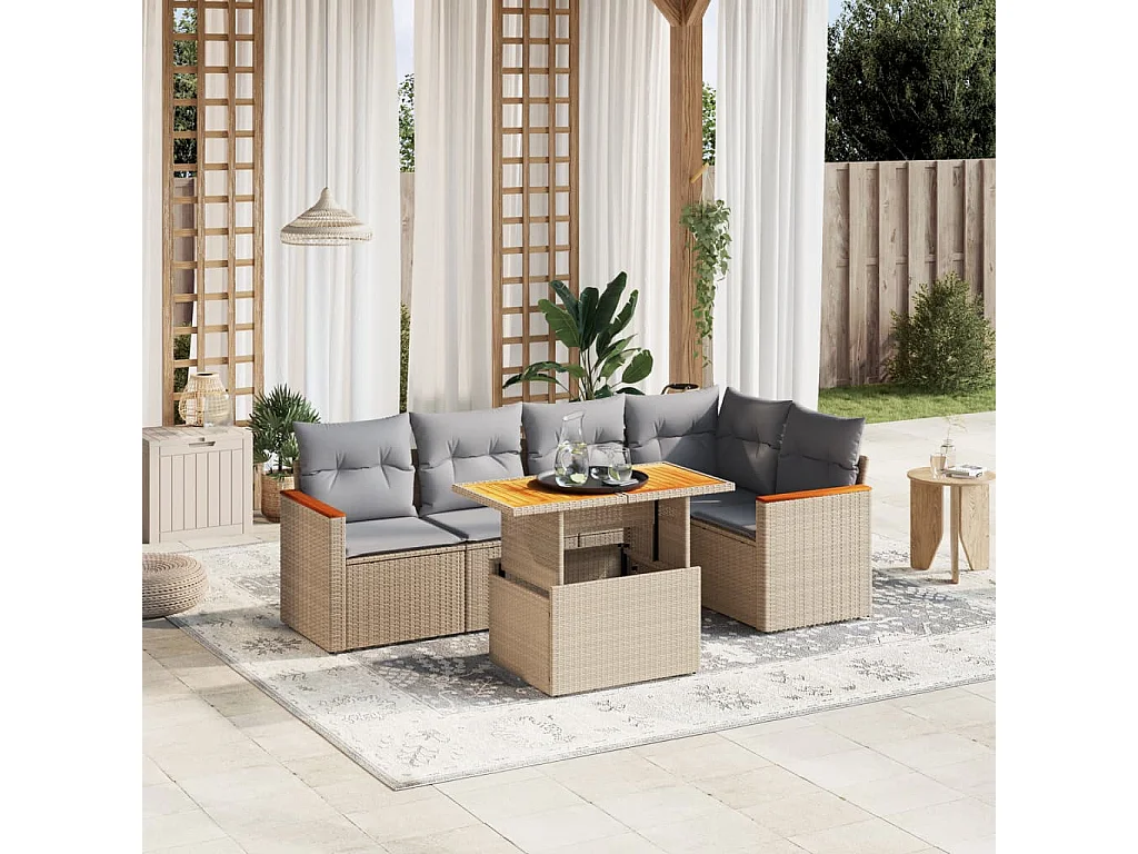 Salon de jardin avec coussins 6 pièces beige résine tressée