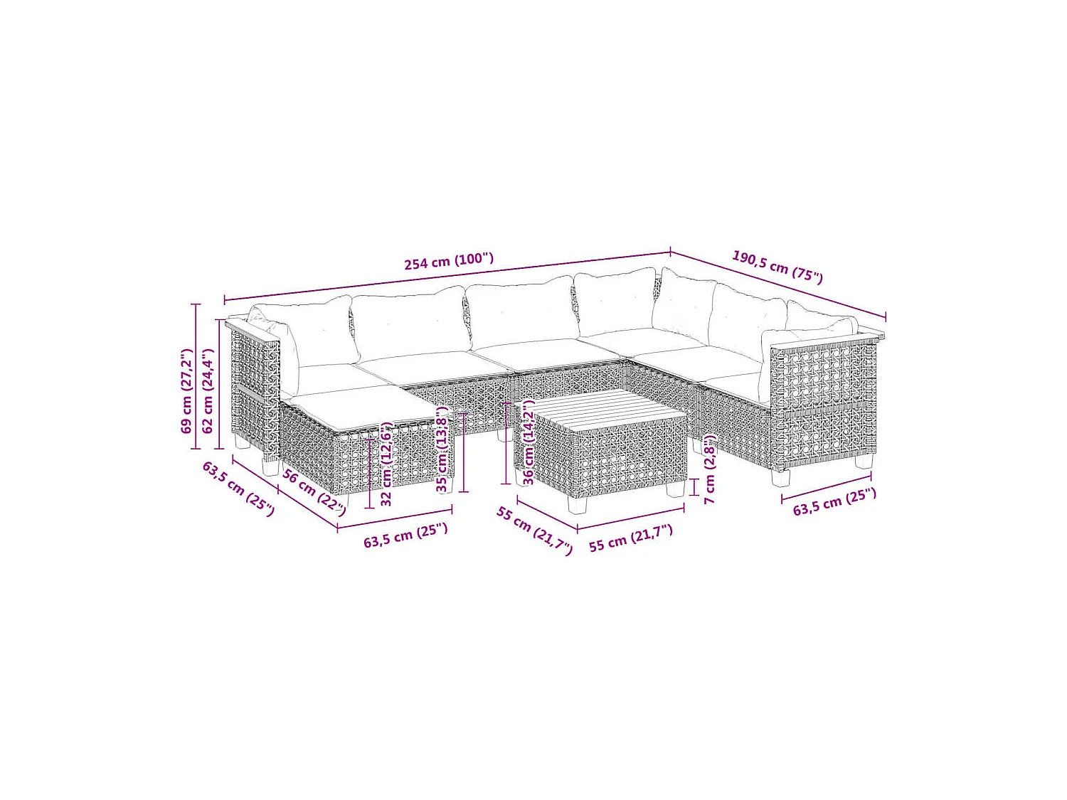 Set de sofás de jardín y cojines 8 piezas ratán sintético gris