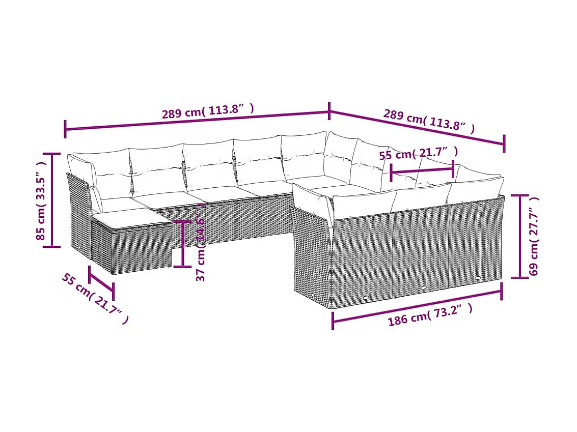 12 peças conj. sofás jardim com almofadões vime PE cinzento-claro
