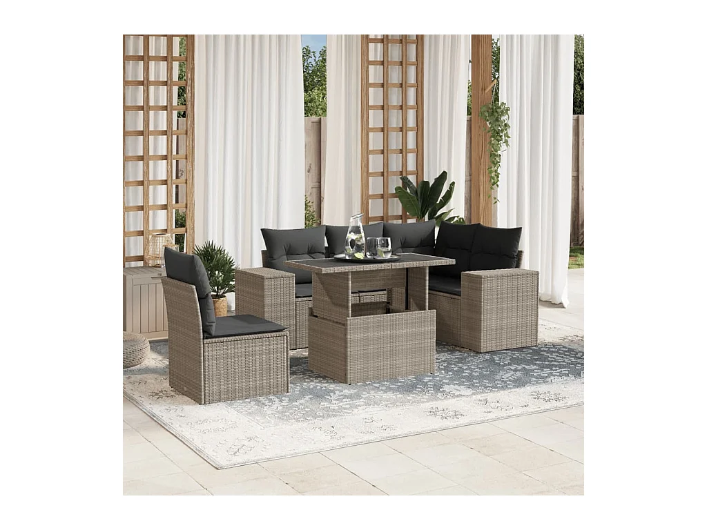 Salon de jardin 6 pièces avec coussins gris clair résine tressée