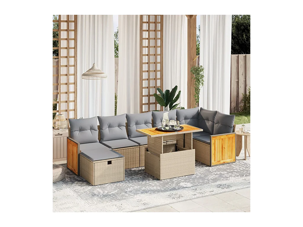 Salon de jardin avec coussins 8 pièces beige résine tressée